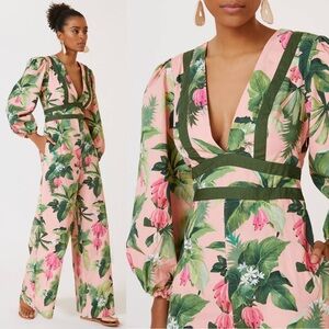 Farm Rio x Anthropologie NWT Deep-V Jumpsuit Tropical Pink Green Sz Small Petite